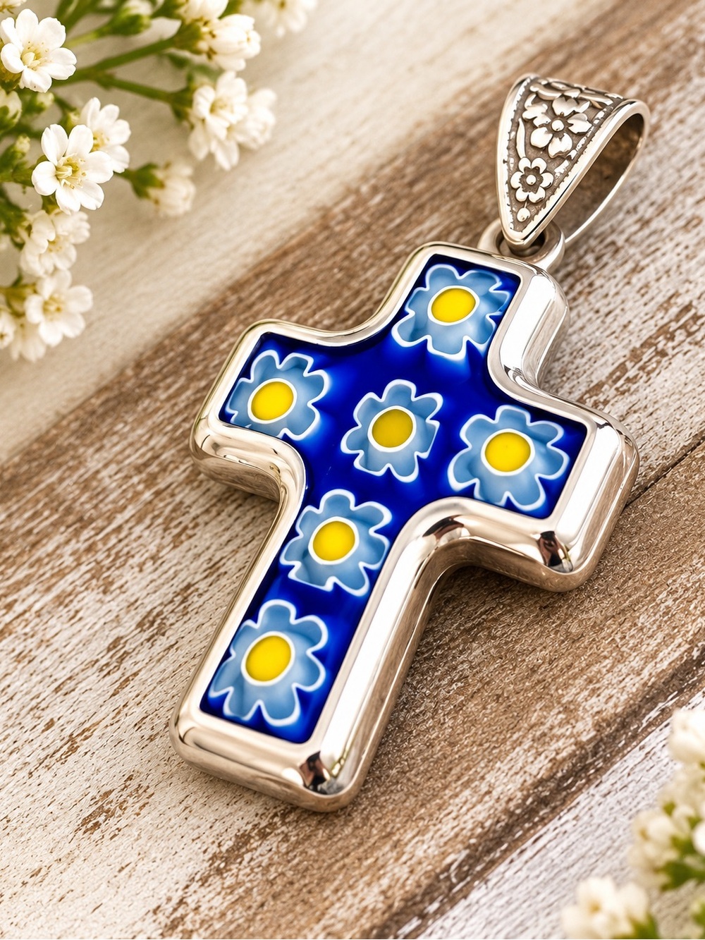 Handcrafted Glass Floral Cross Pendant